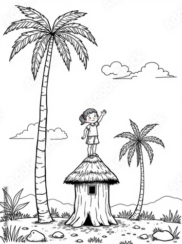Minimilist a girl standing on a hut roof waving her hand with palm trees and clouds in the background scenery drawn vector