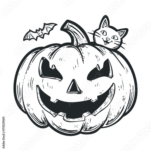A spooky Halloween pumpkin with a carved face, cat, and bat.