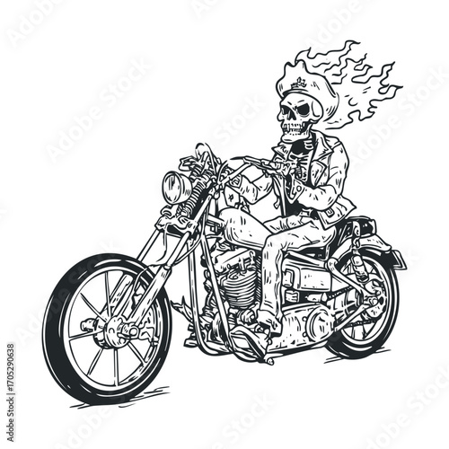  A drawing of a skeleton with a flaming head riding a motorcycle.