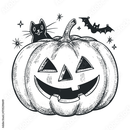 A happy carved pumpkin with a cat and bat above it.