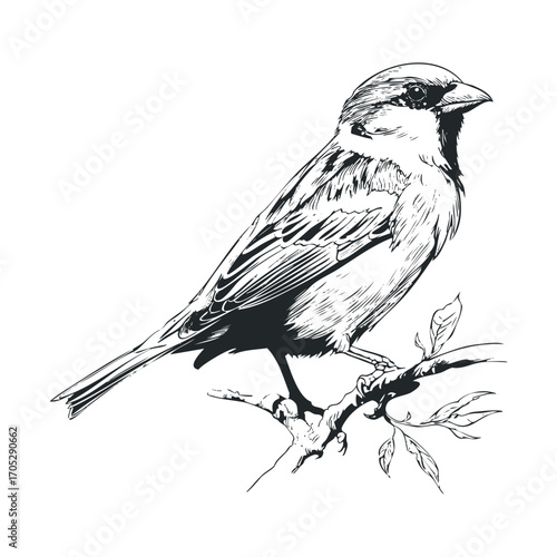 A black and white drawing of a small bird perched on a branch.