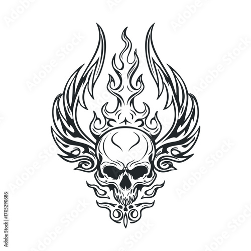 A stylized skull with tribal-like flames and wings.
