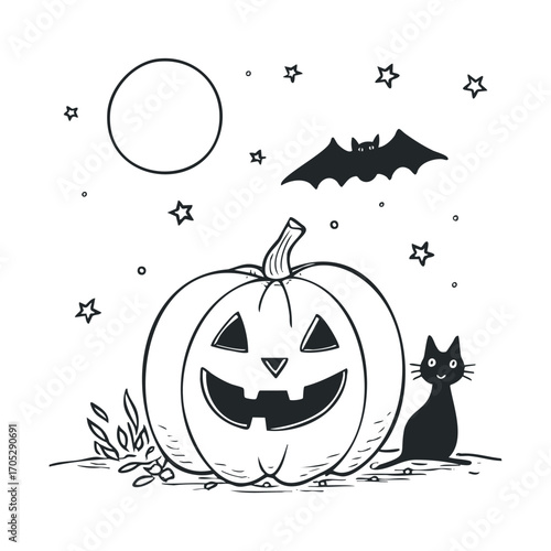 A drawing of a happy pumpkin with a cat and bat under a moon.