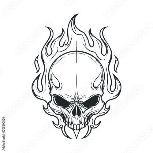 A drawing of a skull with an angry expression, surrounded by flames.