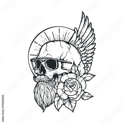 A drawing of a skull with a beard, sunglasses, and a wing.