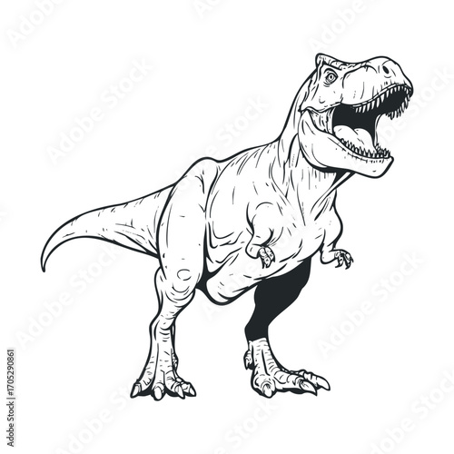 A black and white drawing of a T-Rex with its mouth open.