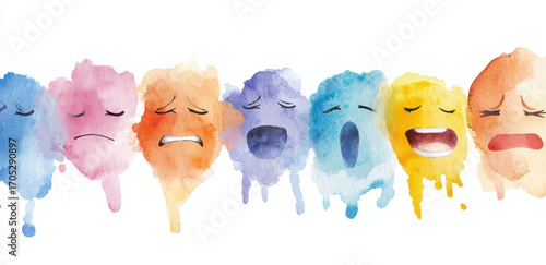 Colorful watercolor emotions display range of feelings including happiness, sadness, and surprise, creating vibrant emotional spectrum
