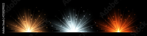 Golden, white, and red glowing light flares with radiant beams and sparkling particles on black background. Three spotlight bursts. Luminous vector illustration.