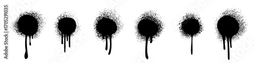 Spray paint splatter circles with dripping ink effect. Grunge graffiti elements in black with scattered spray texture. Urban art clip for background or stencil design. Grungy vector illustration.