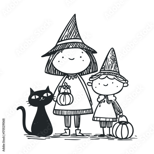 Two kids and a black cat dressed up for Halloween.