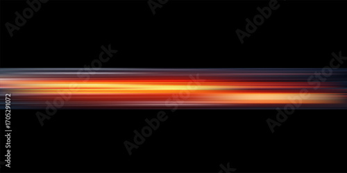 Light speed background with horizontal blue. orange, red lines on black. Game futuristic backdrop. Vibrant dynamic energy waves pattern. Abstract modern technology vector illustration.