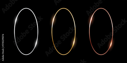 Gold, silver and bronze oval frames. Vertical thin metal ellipse photo or picture frames isolated on black background. Simple object mockup. 3d abstract empty template vector illustration set.
