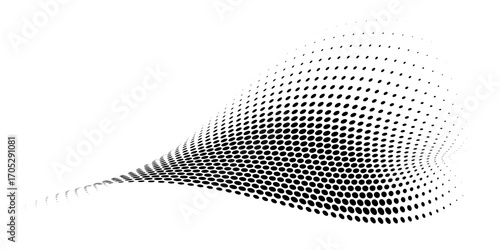 Abstract dotted wave. Halftone curved shape in black color isolated on white background. Curved and twisted gradients form. Trendy graphic vector illustration.