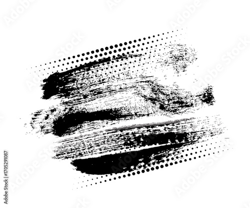 Black brush strokes with grunge texture and halftone dots. Rough ink smears in horizontal layout for banner, poster, or abstract frame. Distressed artistic vector illustration.