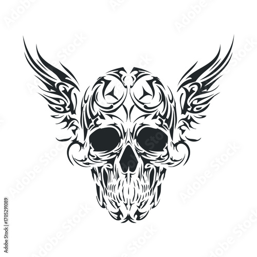 A tribal-style skull with symmetrical wings and filigree.