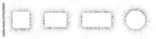 Spray paint frames with soft splatter texture in square, rectangular, and circular shapes. Grunge stencil borders for banner, label, or graffiti design. Urban vector illustration.