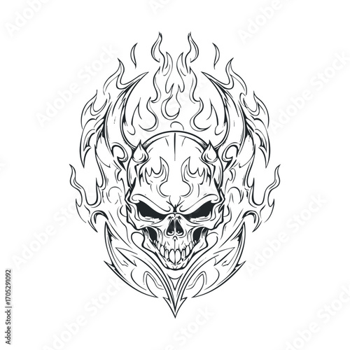 A demonic skull with horns and flames in a drawing.