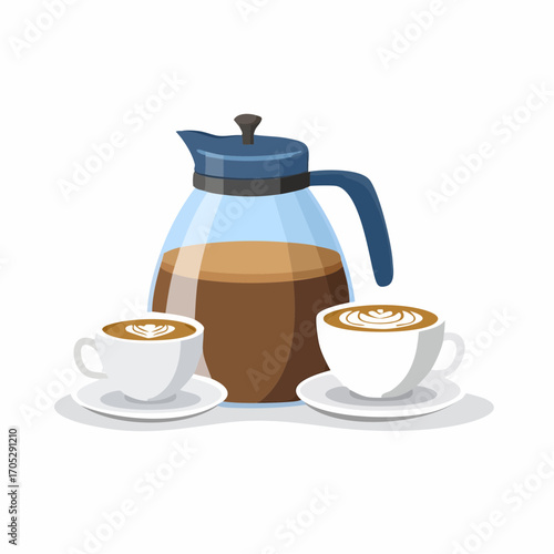 Coffee and cappuccino. Vector illustration of coffee pot, cappuccino or americano cup