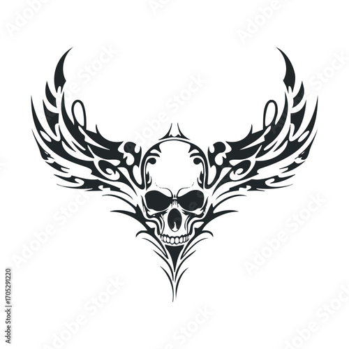 A skull with tribal-style wings and markings.