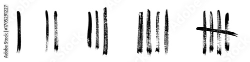 Tally marks brush strokes set. Black hand-painted counting lines in various styles, including single strokes and crossed fifth mark on white. Vector grunge ink design for counting, tracking, graphic.