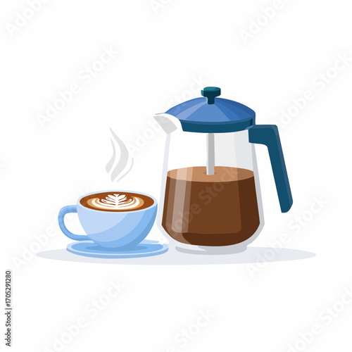 Coffee and cappuccino. Vector illustration of coffee pot, cappuccino or americano cup