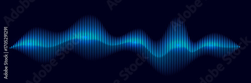 Blue sound wave with glowing vertical bars on dark background. Abstract music waveform in neon gradient style for audio visualizer, equalizer, or DJ interface. Futuristic vector illustration.