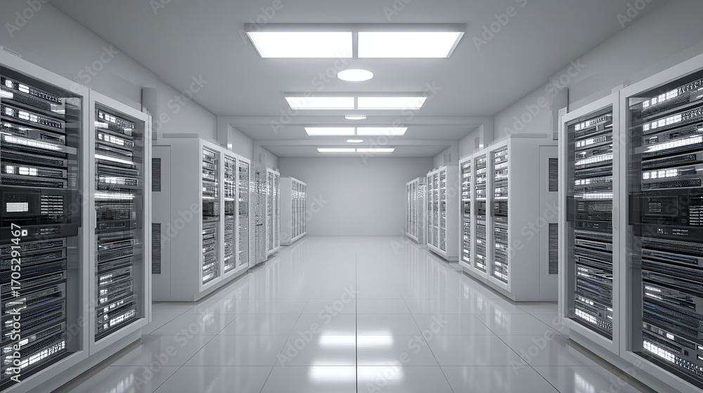 Fototapeta premium Minimalist data center interior with white walls, organized racks and glowing LED panels, showcasing a clean, modern tech space designed for efficient data storage and network operations.