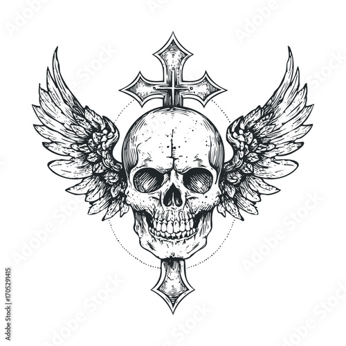 A black and white tattoo of a skull with wings and a cross.