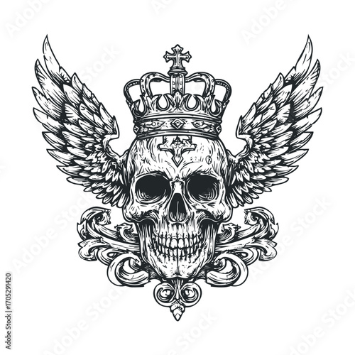 A detailed skull with wings, a crown, and an ornate crest.