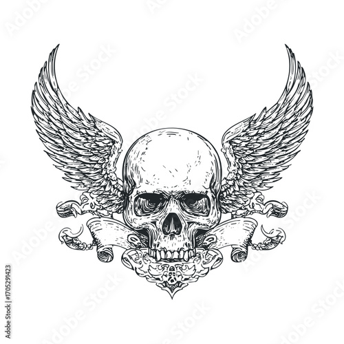 A detailed skull with wings and a banner underneath.