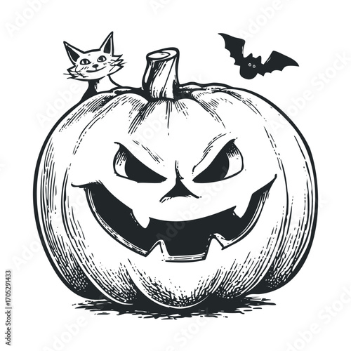 A scary carved pumpkin with a cat and bats.