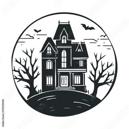 A haunted house on a hill with bats and trees.