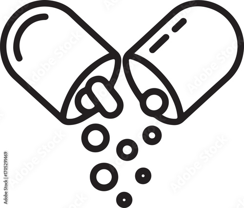 Open capsule releasing small pills and powder particles