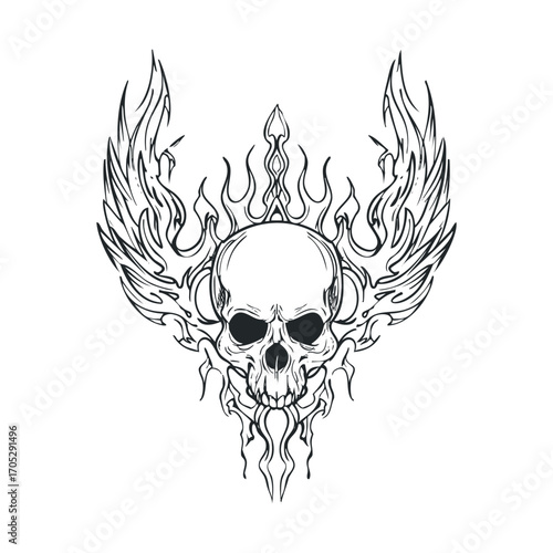 A black and white tattoo of a skull with fiery wings.