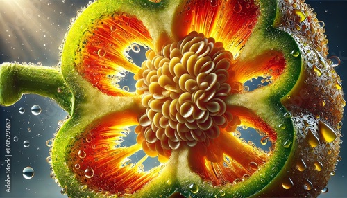 An extreme close-up of a fresh, juicy bell pepper slice, showcasing intricate details of its inner structure, seeds, and glistening moisture