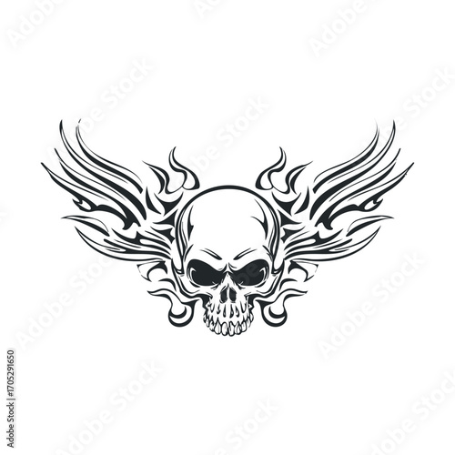 A black and white tattoo of a skull with wings.