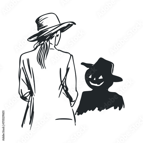 A woman in a hat standing with a spooky figure.