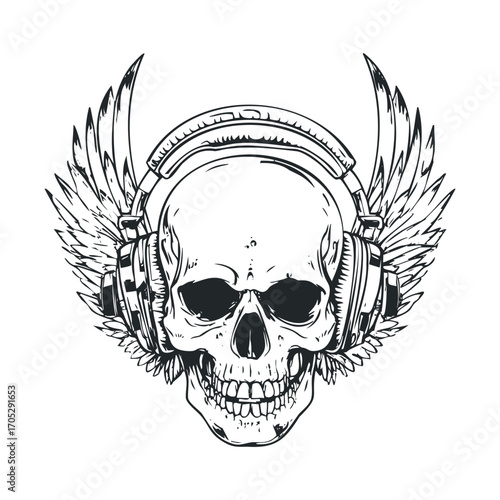 A spooky skull with bat wings and flames.