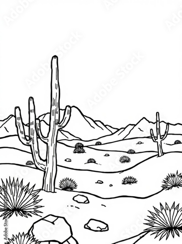 Minimilist illustration of a desert landscape with cacti, mountains, and rocks in black and white outline style vector