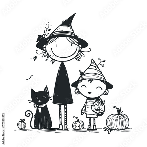 A hand-drawn sketch of costumed Halloween characters.