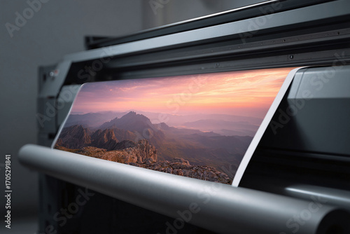 Highquality print of a mountain landscape emerging from a large format printer. Represents precision, beauty, and professional output. Ideal for showcasing visual arts.