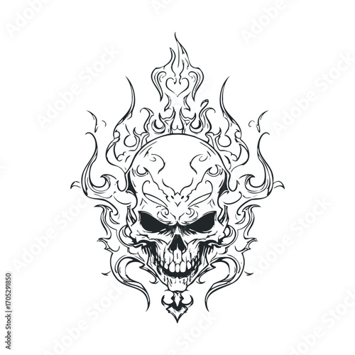 A spooky, grinning skull with flames.