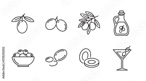 Collection of olive icons and products in a simple silhouette style