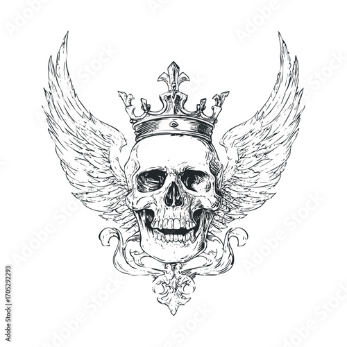 A detailed skull with wings and a crown.
