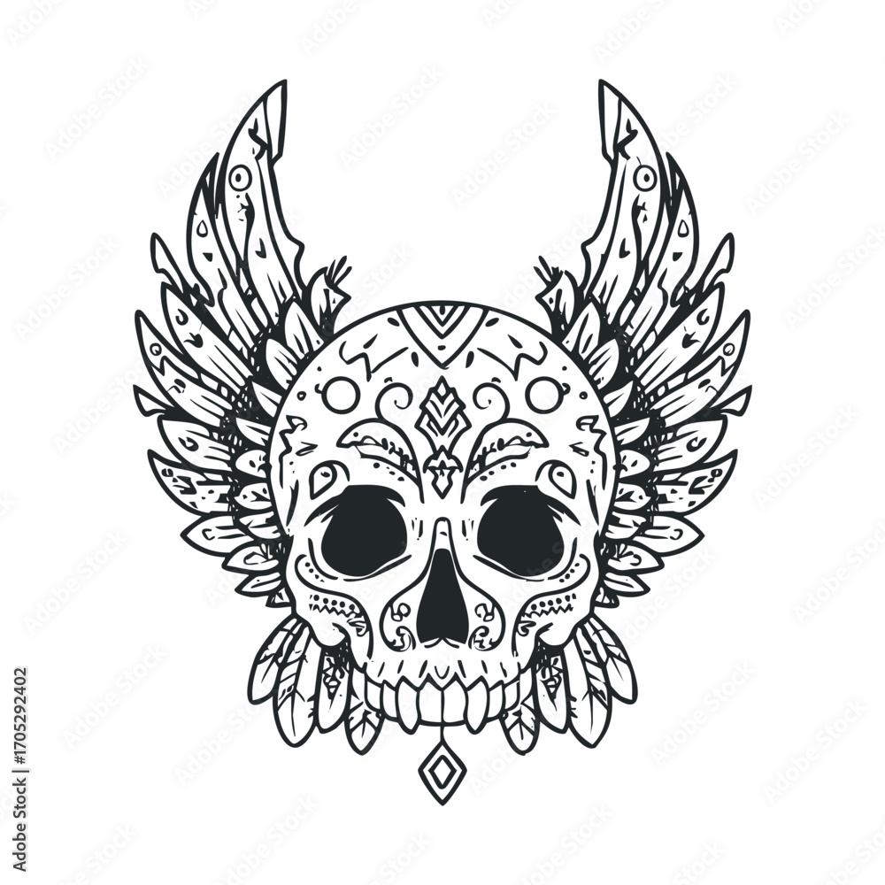 Fototapeta premium An ornate, winged skull with intricate floral markings.