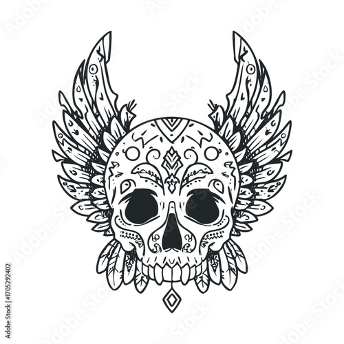 An ornate, winged skull with intricate floral markings.