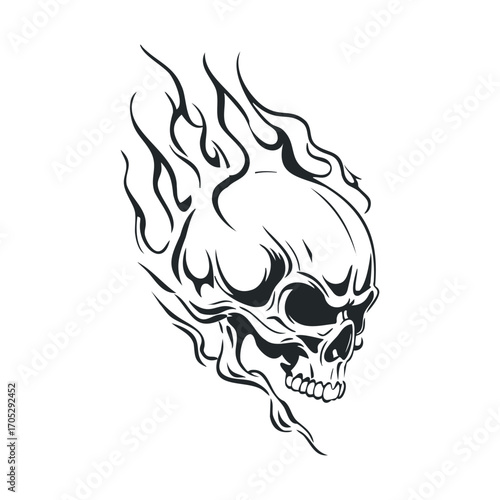 A flaming, grinning skull with dark, empty eyes.