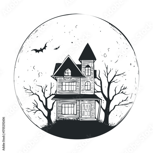 A haunted house with two trees silhouetted against a full moon.