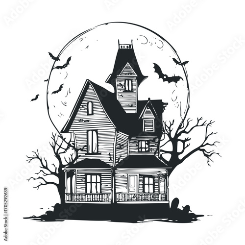 A haunted house with bats flying in front of a full moon.