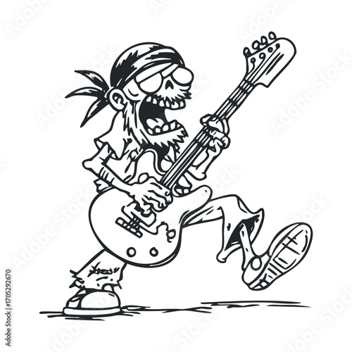 A cartoon skeleton with a bandana playing a guitar.